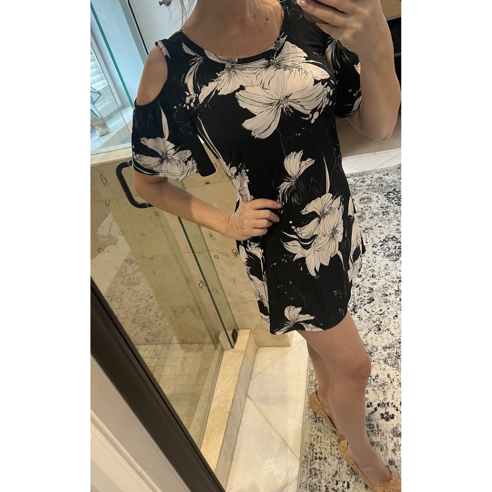 Veronica M Women Black Floral Cold Shoulder Scoop Neck Jersey A-Line Dress XS